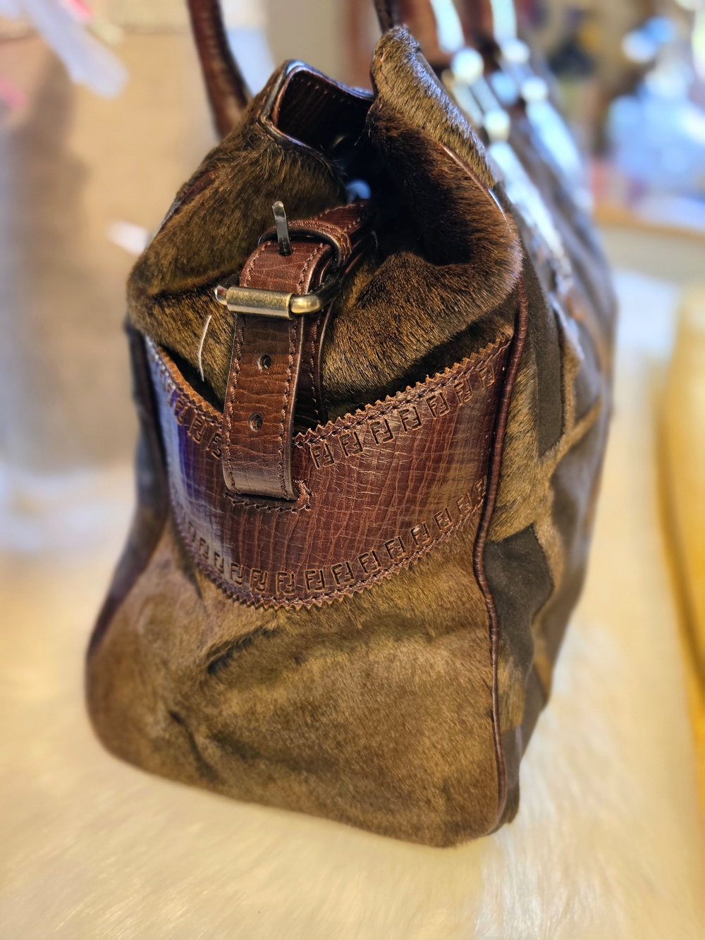 Fendi Zucca FF Pony Hair & Suede Satchel with Leather Handles EUC - Picture 7 of 16